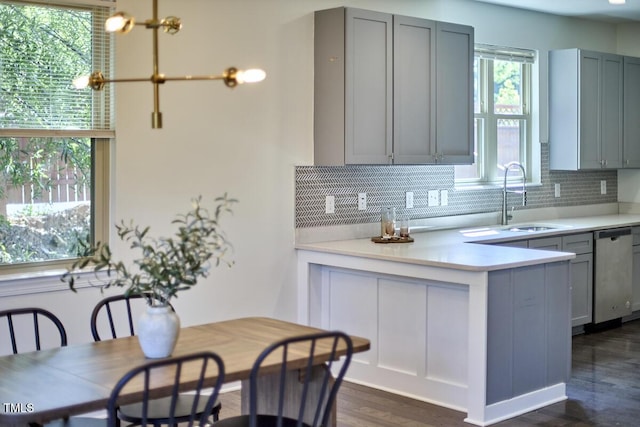931 Ramseur St, Durham, NC 27701 - kitchen with dishwasher, gray cabinets, decorative backsplash, and light countertops
