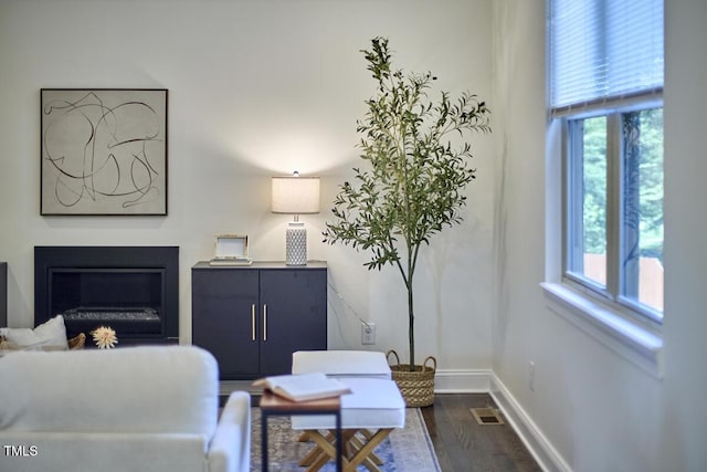 931 Ramseur St, Durham, NC 27701 - living area featuring dark wood finished floors and a glass covered fireplace