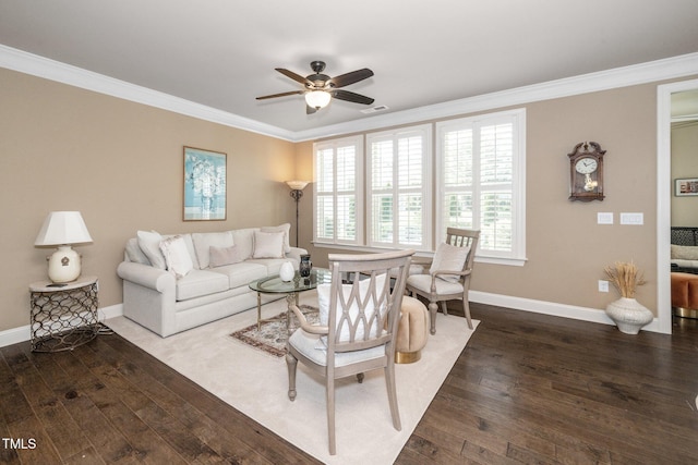 1409 Pulitzer Ln, Durham, NC 27703 - living room with ornamental molding, wood finished floors, and ceiling fan