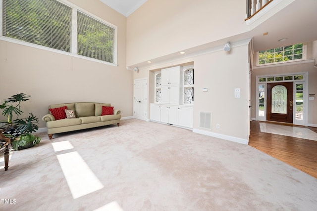 115 Loch Vale Ln, Cary, NC 27518 - carpeted entrance foyer featuring a towering ceiling and wood finished floors