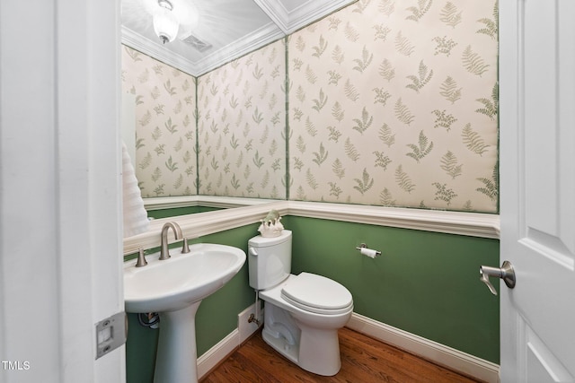 115 Loch Vale Ln, Cary, NC 27518 - half bathroom with wood finished floors and crown molding
