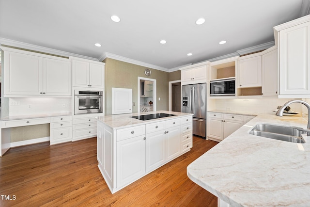 115 Loch Vale Ln, Cary, NC 27518 - kitchen with black appliances, crown molding, a center island, open shelves, and white cabinets