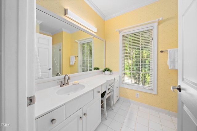 115 Loch Vale Ln, Cary, NC 27518 - bathroom with vanity, ornamental molding, and wallpapered walls
