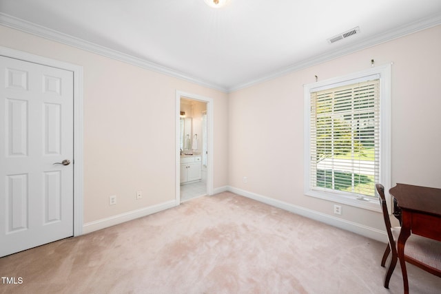 115 Loch Vale Ln, Cary, NC 27518 - unfurnished bedroom featuring carpet flooring, crown molding, an office area, and ensuite bath
