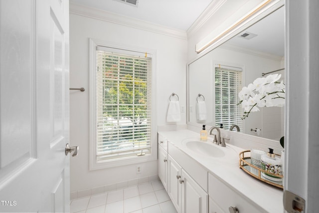 115 Loch Vale Ln, Cary, NC 27518 - bathroom with vanity, ornamental molding, healthy amount of natural light, a shower with shower curtain, and tile patterned flooring