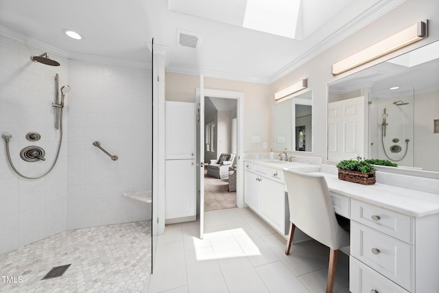 115 Loch Vale Ln, Cary, NC 27518 - full bath featuring walk in shower, crown molding, vanity, tile patterned flooring, and recessed lighting