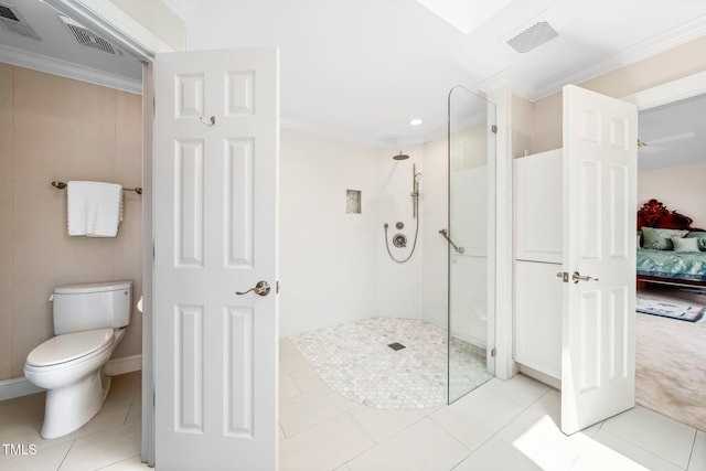 115 Loch Vale Ln, Cary, NC 27518 - ensuite bathroom featuring a walk in shower, ornamental molding, tile patterned floors, and recessed lighting