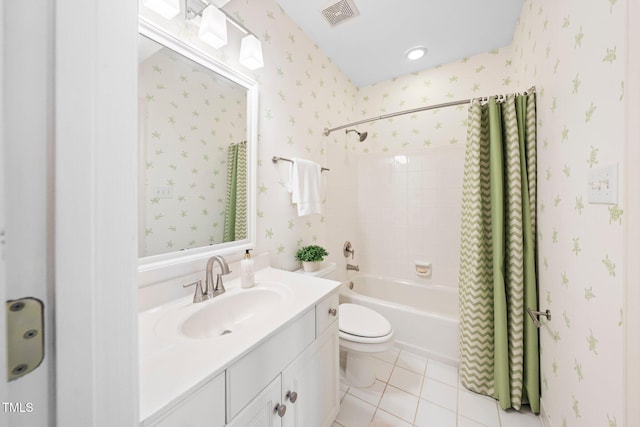 115 Loch Vale Ln, Cary, NC 27518 - full bathroom featuring tile patterned floors, shower / tub combo with curtain, vanity, and wallpapered walls