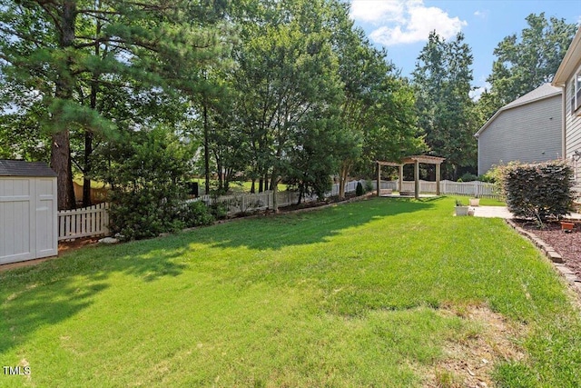 108 Holly Glen Ct, Holly Springs, NC 27540 - fenced backyard with a storage unit and a pergola