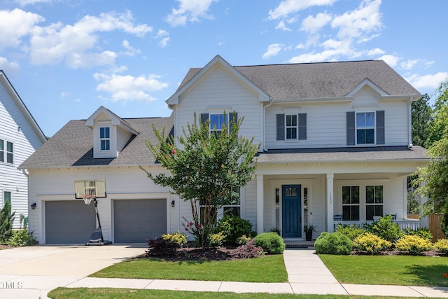 1502 Spring Overlook Ln, Hillsborough, NC 27278 - traditional home with a front lawn, driveway, covered porch, an attached garage, and a shingled roof