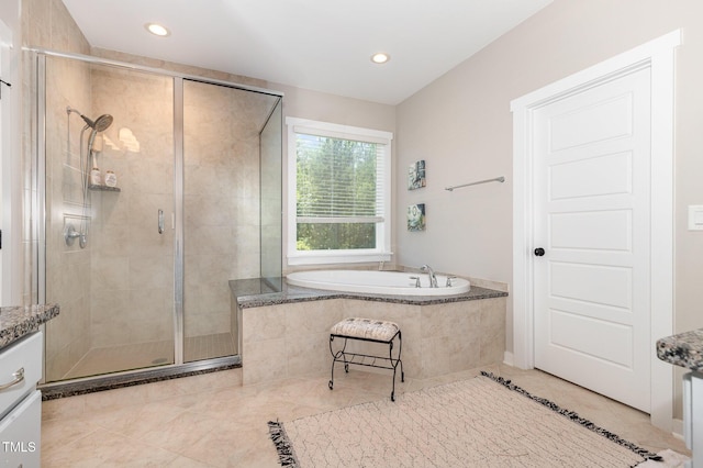 1502 Spring Overlook Ln, Hillsborough, NC 27278 - full bathroom with a bath, a stall shower, vanity, tile patterned flooring, and recessed lighting