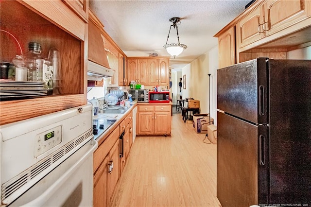 11821 N NC Highway 41, Lumberton, NC 28358 - kitchen featuring black appliances, light wood-type flooring, under cabinet range hood, hanging light fixtures, and tile countertops