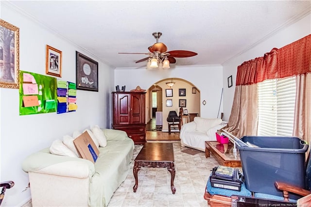 11821 N NC Highway 41, Lumberton, NC 28358 - living area with crown molding, arched walkways, and a ceiling fan