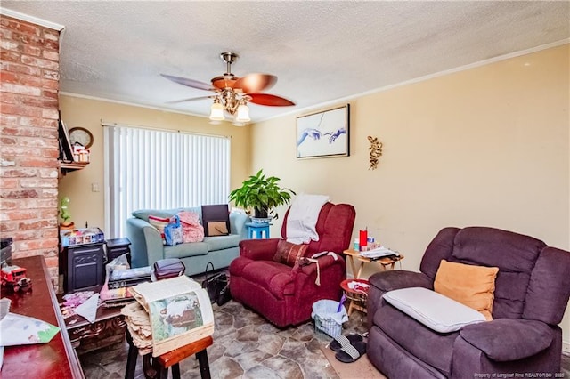 11821 N NC Highway 41, Lumberton, NC 28358 - living room featuring ornamental molding, a ceiling fan, a textured ceiling, and a wood stove
