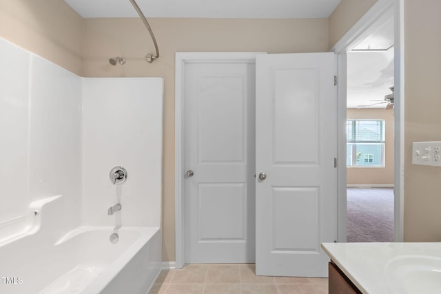 3417 Cardinal Lake Dr, Durham, NC 27704 - bathroom with tub / shower combination, vanity, ceiling fan, and tile patterned floors