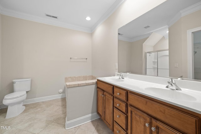 2022 Chandler Village Dr, Graham, NC 27253 - bathroom with double vanity, crown molding, tile patterned floors, a shower with door, and recessed lighting