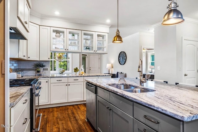 262 Salt Cedar Ln, Chapel Hill, NC 27516 - kitchen featuring appliances with stainless steel finishes, gray cabinetry, ornamental molding, white cabinetry, and glass insert cabinets