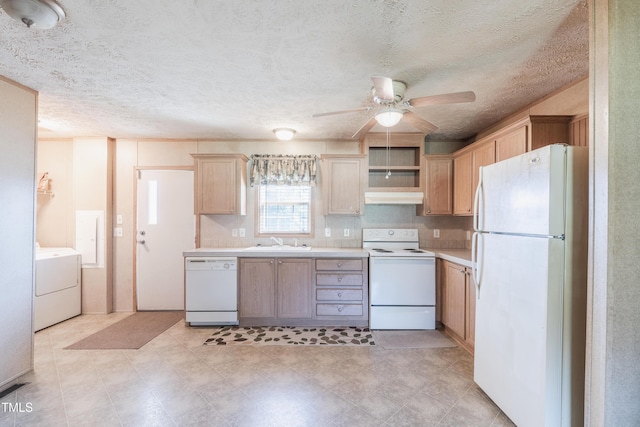 451 Rawls Rd, Aulander, NC 27805 - kitchen with white appliances, custom range hood, washer / dryer, light countertops, and a ceiling fan