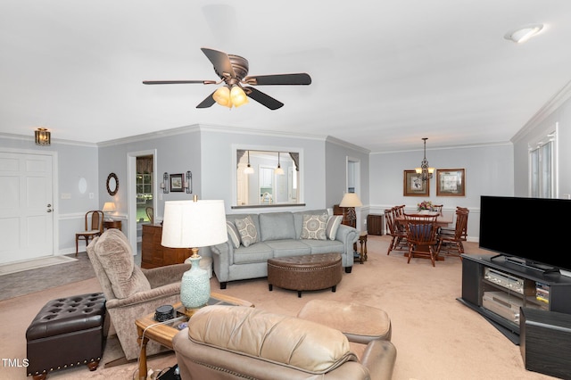 165 Baron Cir, Youngsville, NC 27596 - living area featuring ornamental molding, light carpet, a chandelier, and a ceiling fan