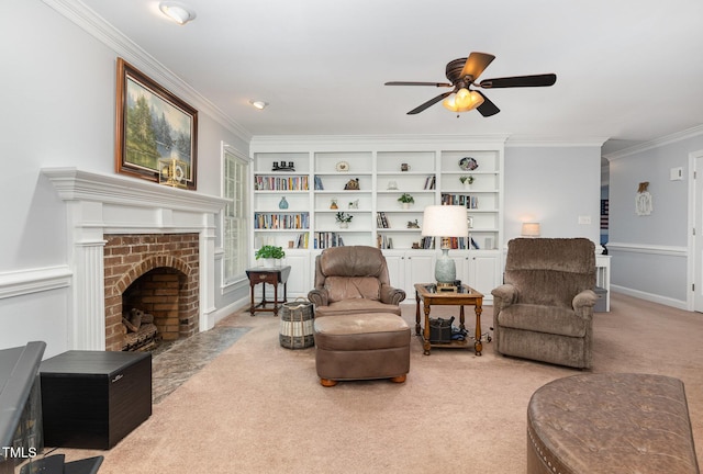 165 Baron Cir, Youngsville, NC 27596 - sitting room featuring carpet flooring, ornamental molding, a ceiling fan, and a brick fireplace