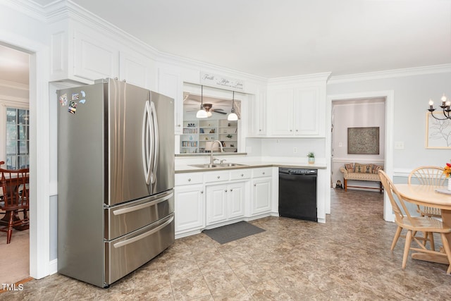 165 Baron Cir, Youngsville, NC 27596 - kitchen featuring freestanding refrigerator, dishwasher, crown molding, light countertops, and white cabinets