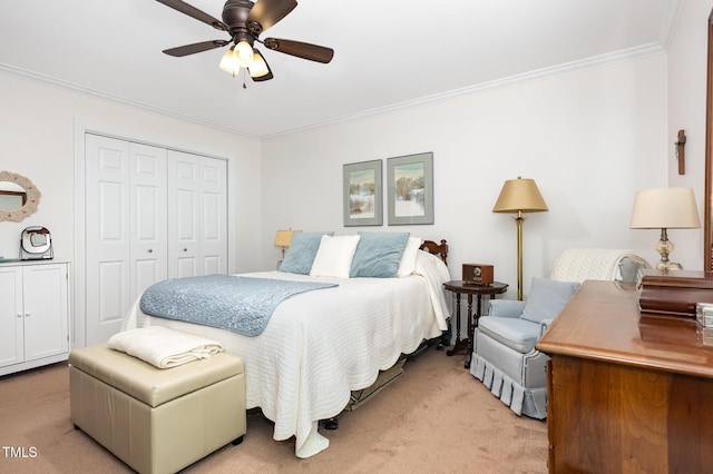 165 Baron Cir, Youngsville, NC 27596 - bedroom with light carpet, ornamental molding, a closet, and a ceiling fan