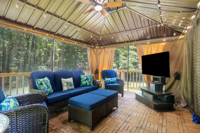 165 Baron Cir, Youngsville, NC 27596 - sunroom / solarium with an outdoor hangout area, a ceiling fan, and lofted ceiling