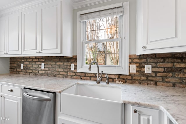 625 New Rd, Raleigh, NC 27608 - kitchen featuring stainless steel dishwasher, tasteful backsplash, white cabinetry, crown molding, and light stone countertops