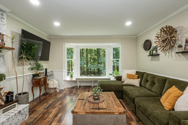 7216 Rabbit Run, Wake Forest, NC 27587 - living room with dark wood-style floors, crown molding, and recessed lighting