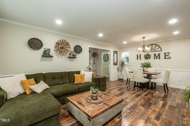 7216 Rabbit Run, Wake Forest, NC 27587 - living room featuring recessed lighting, ornamental molding, a chandelier, and dark wood finished floors