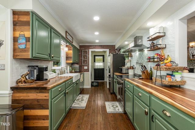 7216 Rabbit Run, Wake Forest, NC 27587 - kitchen with green cabinets, island exhaust hood, wooden counters, stainless steel appliances, and ornamental molding