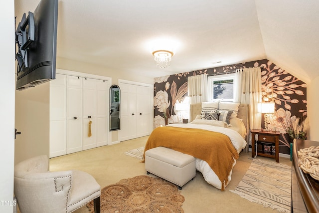 7216 Rabbit Run, Wake Forest, NC 27587 - bedroom with multiple closets, light carpet, and wallpapered walls