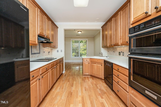 3701 Baron Cooper Pass Unit 303, Raleigh, NC 27612 - kitchen with black appliances, crown molding, light wood-style floors, light countertops, and backsplash