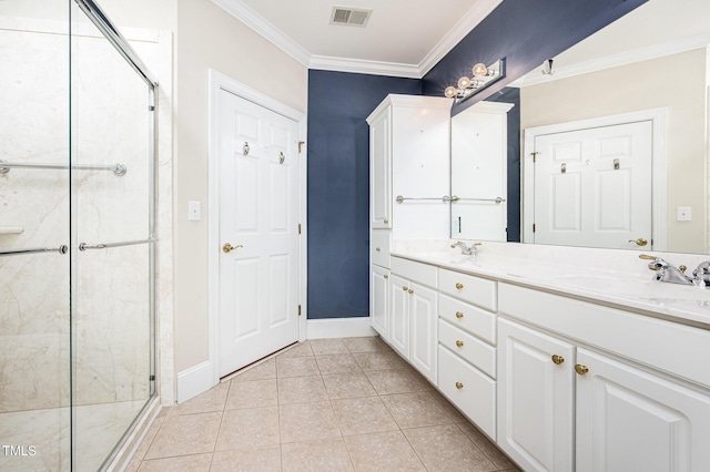 3701 Baron Cooper Pass Unit 303, Raleigh, NC 27612 - bathroom featuring ornamental molding, a shower stall, double vanity, and tile patterned floors