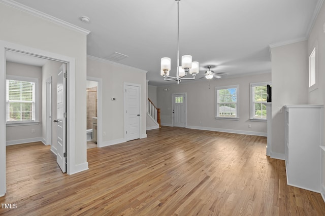 1819 Nixon St, Durham, NC 27707 - unfurnished living room featuring light wood-type flooring, a chandelier, crown molding, stairway, and ceiling fan