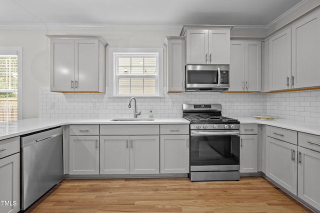 1819 Nixon St, Durham, NC 27707 - kitchen featuring appliances with stainless steel finishes, light countertops, crown molding, and healthy amount of natural light
