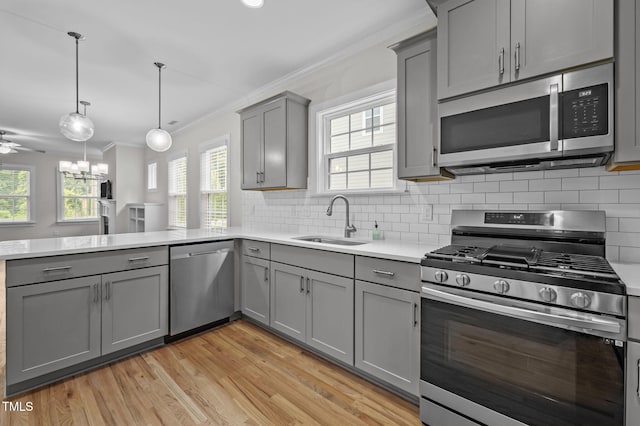 1819 Nixon St, Durham, NC 27707 - kitchen with appliances with stainless steel finishes, gray cabinetry, crown molding, a peninsula, and light countertops