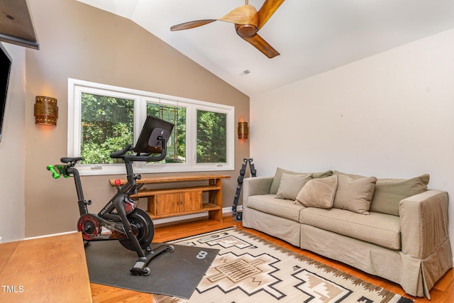 28 Benchmark, Pittsboro, NC 27312 - exercise area with ceiling fan, wood finished floors, and high vaulted ceiling