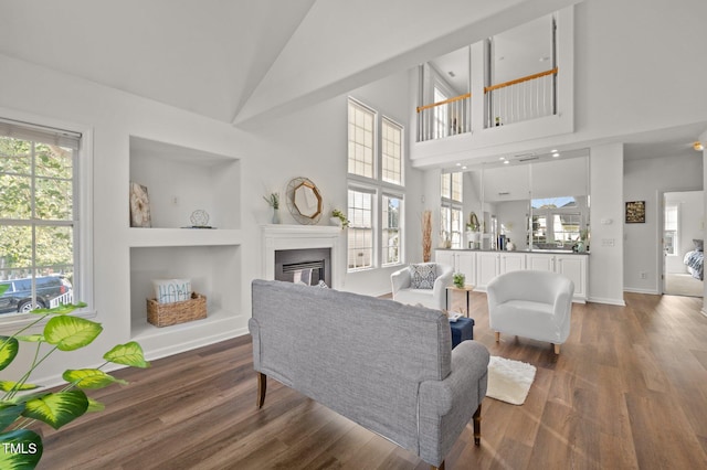 1308 Snyder St, Durham, NC 27713 - living area with a glass covered fireplace, wood finished floors, plenty of natural light, built in features, and high vaulted ceiling
