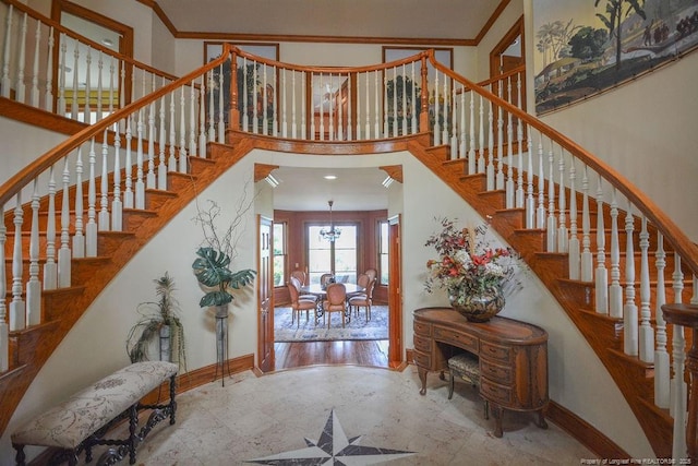 1064 Tresses Ct, Vass, NC 28394 - foyer featuring stairway, a chandelier, and a towering ceiling