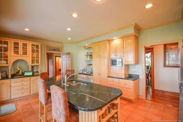 1064 Tresses Ct, Vass, NC 28394 - kitchen featuring open shelves, stainless steel microwave, ornamental molding, light tile patterned floors, and recessed lighting