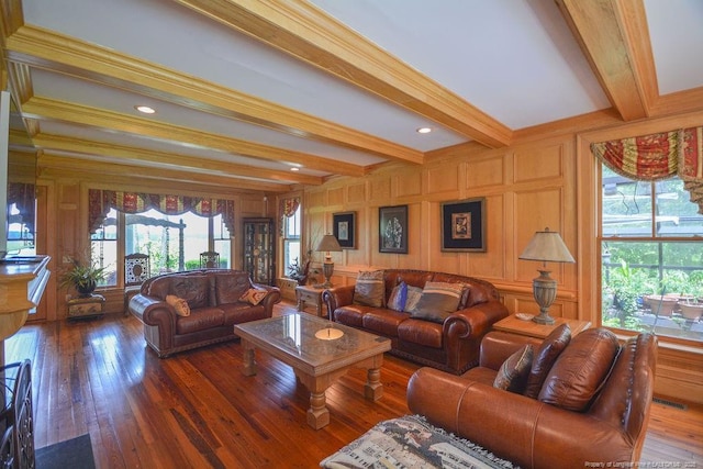1064 Tresses Ct, Vass, NC 28394 - living room with beam ceiling, plenty of natural light, a decorative wall, and wood finished floors