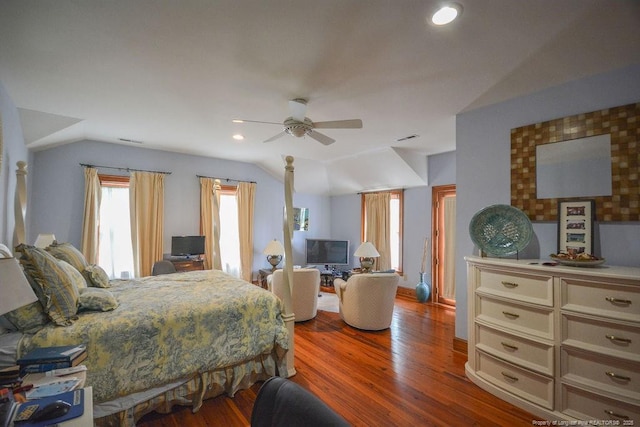 1064 Tresses Ct, Vass, NC 28394 - bedroom featuring vaulted ceiling, wood finished floors, an office area, and a ceiling fan