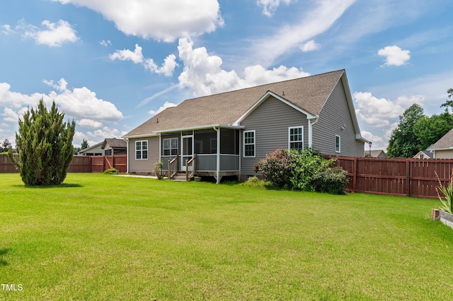 24 Windchime Ct, Clayton, NC 27527 - rear view of property with a fenced backyard, a sunroom, a shingled roof, and entry steps