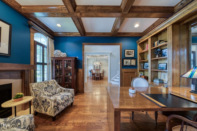 633 Rolling Springs Dr, Cary, NC 27519 - office space featuring beamed ceiling, wood finished floors, coffered ceiling, recessed lighting, and a premium fireplace