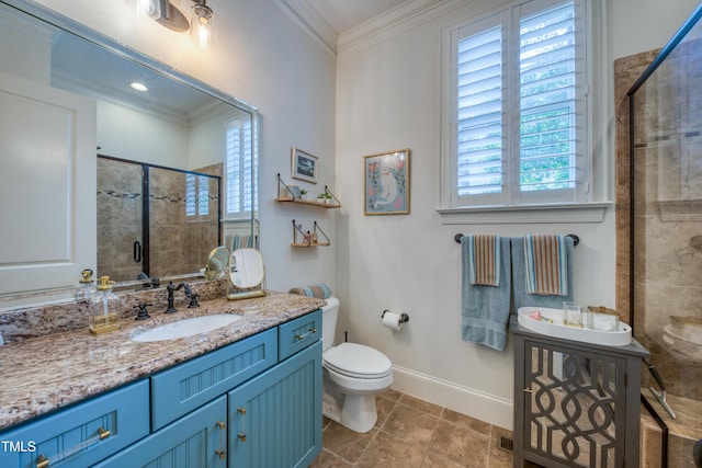 633 Rolling Springs Dr, Cary, NC 27519 - bathroom featuring vanity, ornamental molding, a stall shower, plenty of natural light, and tile patterned flooring