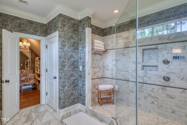 633 Rolling Springs Dr, Cary, NC 27519 - full bath featuring a chandelier, a walk in shower, crown molding, marble look tile flooring, and recessed lighting