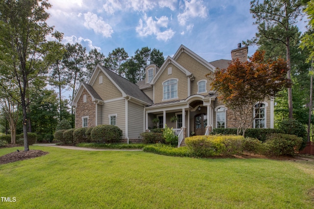 633 Rolling Springs Dr, Cary, NC 27519 - view of front of property with covered porch, a front lawn, and a chimney