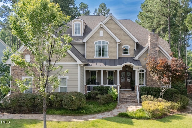 633 Rolling Springs Dr, Cary, NC 27519 - craftsman-style house with covered porch, a standing seam roof, roof with shingles, a chimney, and french doors