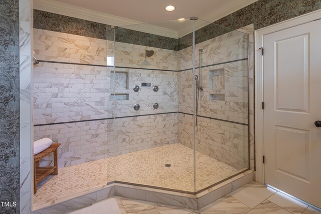 633 Rolling Springs Dr, Cary, NC 27519 - full bath with ornamental molding, a shower stall, marble finish flooring, and recessed lighting
